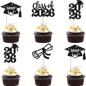 Schwarze Glitzer Abschluss Cupcake Topper 2026 Doktorhut Party Kuchendekoration