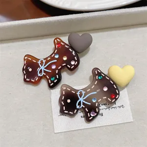 Acetate puppy hairpin with colorful rhinestones and cute bow, ideal side clip for sweet girls.