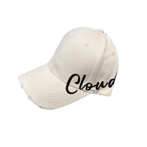 Distressed baseball cap with embroidered Cloud letter, vintage casual sun protection hat.