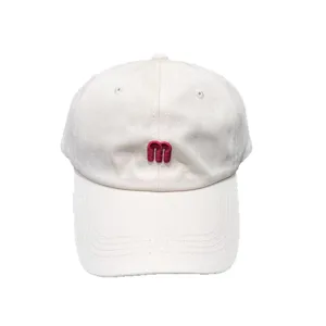 White baseball cap for women with red embroidered letter design, casual curved brim style.