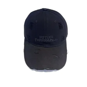 Distressed black baseball cap with front embroidery letters, stylish casual vintage duckbill hat.