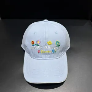 Light blue baseball cap with embroidered flower letters, casual style cotton duck tongue hat for women.