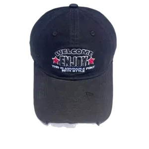 Black American style embroidered baseball cap with ENJOY lettering and distressed brim.