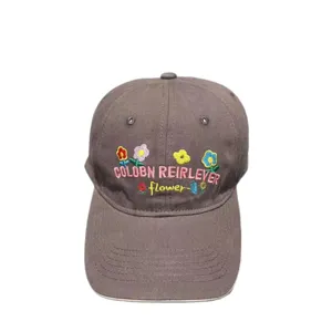 Brown cotton baseball cap with cute embroidered flowers and letters for women casual daily wear