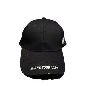 Classic black embroidered baseball cap with distressed brim and stylish letters for outdoor.