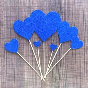Blue glitter heart cake toppers set of 7 decorative inserts for birthday party dessert.