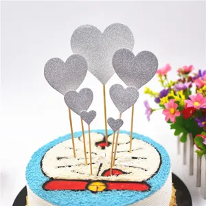 Silber Glitzer Herz Kuchen Topper Set für Geburtstag Party und Hochzeit Torten Deko.