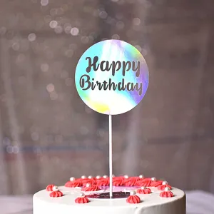 Décoration de gâteau Happy Birthday laser pour fête, topper rond brillant pour pâtisserie.