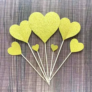 Gold glitter heart cake toppers 7-piece set for birthday wedding party dessert decor