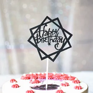 Décoration de gâteau géométrique pailletée noire Joyeux Anniversaire vue détaillée