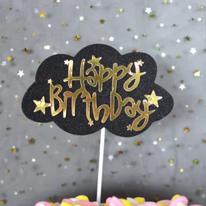 Schwarzer Wolken-Kuchenaufsatz mit goldener Aufschrift zum Geburtstag für Party-Back-Dekoration.