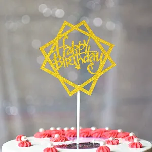 Gâteau topper joyeux anniversaire paillettes dorées design géométrique fête déco