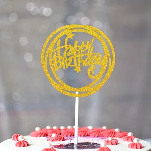 Gâteau topper Joyeux Anniversaire doré à paillettes design rond décoration de fête