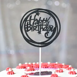Décoration de gâteau Joyeux Anniversaire à paillettes noires design rond de fête