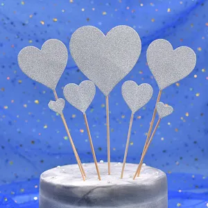 Silber Glitzer Herz Kuchen Topper Set für Hochzeit Geburtstag Party Dekoration 7 Stk