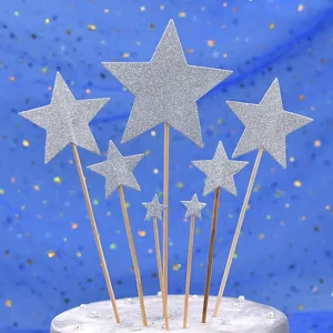 Silber Glitzer Sterne Kuchen Topper 7er Set, perfekt für Geburtstag und Hochzeit Torte.