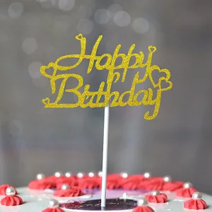 Decoration de gateau Happy Birthday pailletee doree parfaite pour la fete d'anniversaire.