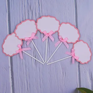 Set of 5 pink bow cake topper cards, white blank labels for birthday party DIY decoration.