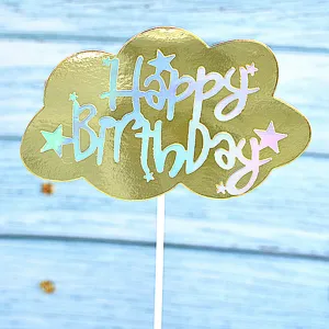 Goldener Wolken Tortenauftopper mit glitzerndem Happy Birthday Text und Sternen fur Feiern