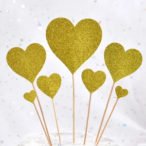 Gold glitter heart cake topper set 7 pieces wedding birthday party dessert table decorations.
