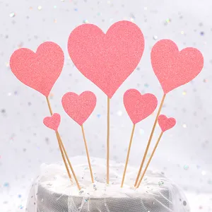 Pink glitter heart cake toppers 7 piece set for birthday wedding party dessert decoration items