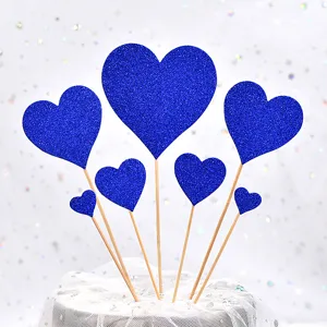 Blue glitter heart cake topper set 7pcs birthday party dessert decor front view