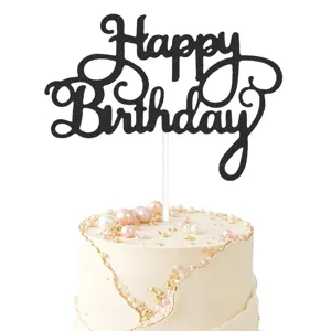 Μαυρη γκλιτερ Happy Birthday τοπερ τουρτας για ομορφη διακοσμηση παρτι γενεθλιων.