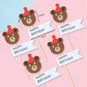 Set de adornos para tarta de oso tierno estilo coreano con banderas de feliz cumpleaños.