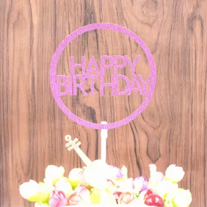 Pink glitter happy birthday cake topper detail, perfect for birthday party baking decoration.