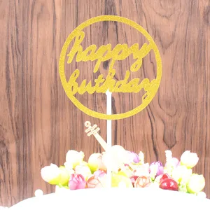 Gold glitter happy birthday cake topper round shape party decoration for birthday cake