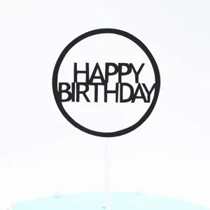 Round Happy Birthday cake topper with white stick, perfect for baking and party decor.
