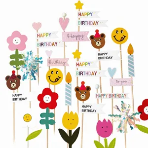 Set de adornos para tarta de cumpleaños con oso sonriente banderas fiesta infantil