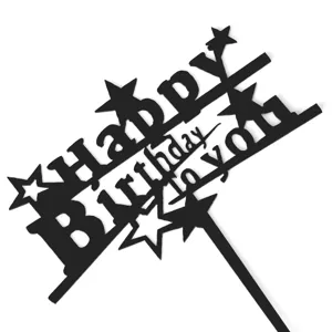 Adorno de acrílico negro para tarta Happy Birthday con diseño de estrellas para cumpleaños
