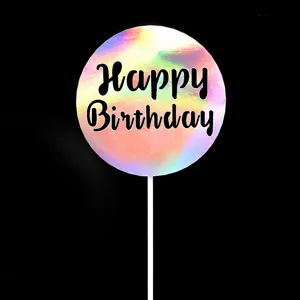 Topper de gâteau rond holographique Joyeux Anniversaire avec bâton blanc pour fête.