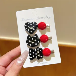 Korean style polka dot hair clip set, cute cartoon ear and heart duckbill clips for daily wear.