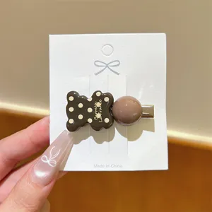 Korean style brown polka dot bear duckbill hair clip sweet girl bangs side hairpin accessory.