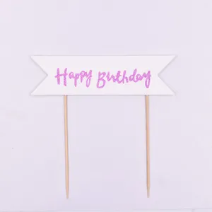 Rosa glitzernder Happy Birthday Kuchentortenaufleger Banner mit Holzstäben für Partys.