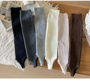 Knitted stirrup leg warmers detail view, autumn winter fashion slim fit socks in various colors.