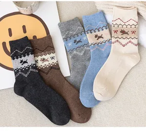 Retro ethnic thick winter wool socks with cute dog pattern, warm thermal loop mid-tube socks.