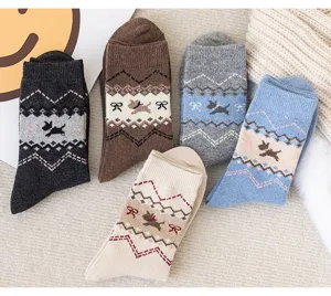 Thickened retro ethnic style wool socks with cute dog and diamond patterns for winter warmth.