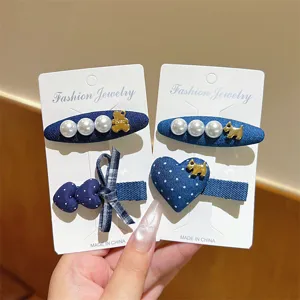 Koreanisch Vintage Denim Herz Gepunktet Haarspangen Für Damen Süß Künstliche Perle Entenschnabel Clips Hund Bär Haarschmuck