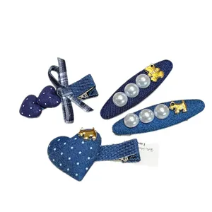 Koreanische Jeans Haarspangen Set mit Perlen und süssen Hundeanhängern für Alltag Damen.