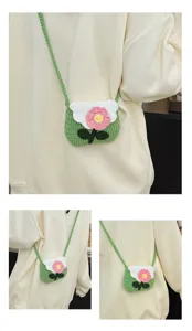 Handmade crochet mini crossbody bag with cute flower design, sweet woven wool coin purse for women