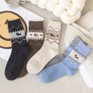 Winter thick warm crew socks retro ethnic style diamond pattern fleece thermal wool socks set