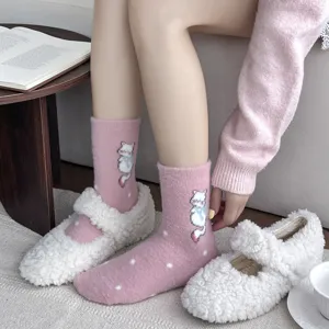 Calze termiche peluche rosa a metà polpaccio con simpatico motivo di gatto per donna