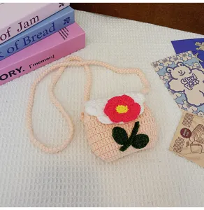 Handmade crochet mini flower shoulder bag, sweet cute knitted crossbody coin purse.