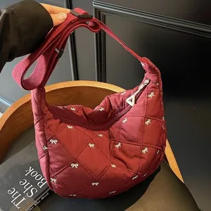 Burgundy quilted shoulder bag for women, casual lightweight tote with cute white bow embroidery.