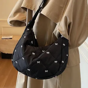 Black quilted bow shoulder bag, lightweight casual dumpling bag for women, stylish everyday tote.