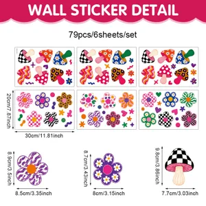 Boho Retro Blumen und Pilz Wandaufkleber Set Detailansicht, Kinderzimmer PVC.