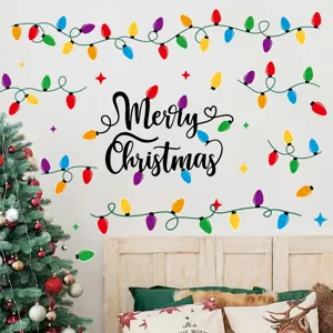 Christmas wall stickers colorful light bulbs Merry Christmas lettering festive room decor PVC decals